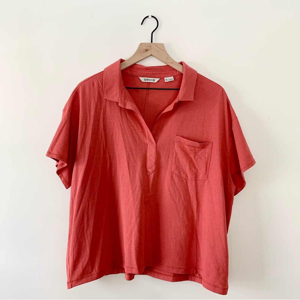 ORVIS Womens XL Salmon Coral Short Sleeve Collared Polo Preppy Soft Polo Shirt